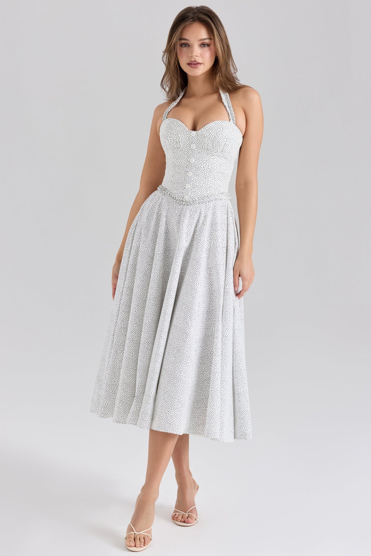 Georgie Cotton Halter Neck Polka Dot Print Midi Dress