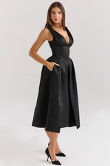 Paloma Black Satin Twist Strap Midi Dress