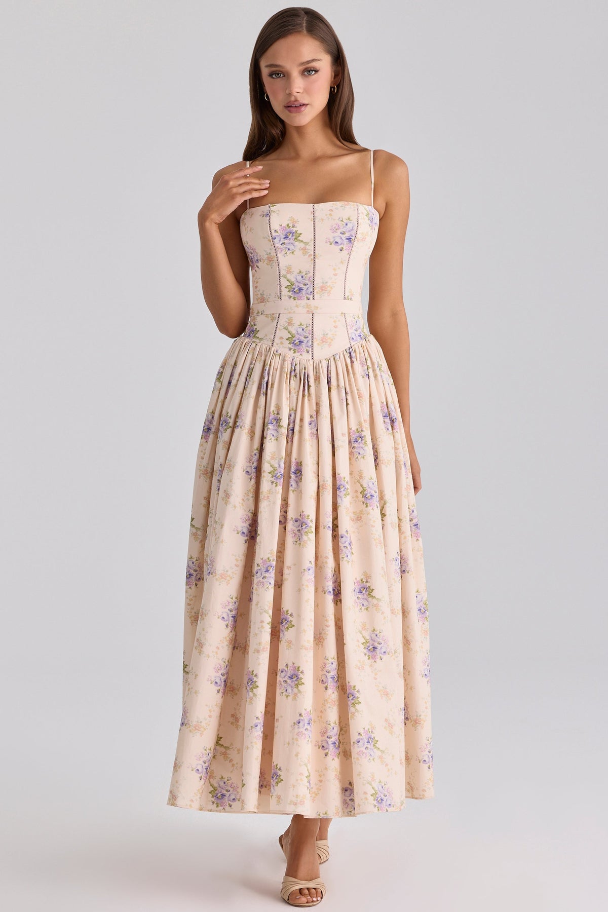 Ysabella Ivory Sweet Peony Floral Print Cotton Midi Sundress