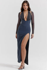 Evangelina Slate Plunge Maxi Dress
