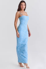 Eva Tuscan Blue Embroidered Floral Maxi Dress