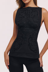 Valencia Black Cotton Placement Lace Broderie Anglaise Boat Neck Top