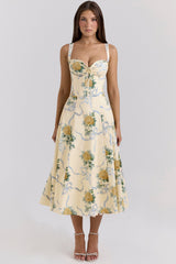 Rosalee Lemon Vintage Ribbon Print Cotton Midi Dress