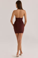 The Plunge Burnt Sugar Deep V Halter Mini  Bandage Dress