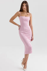 Ophelle Pink Jacquard Lace Up Bodycon Midi Dress