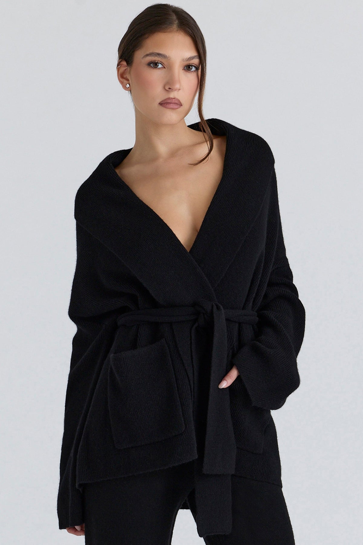 Madison Black Pure Wool Draped Front Cardigan