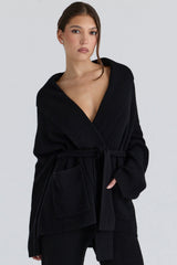 Madison Black Pure Wool Draped Front Cardigan