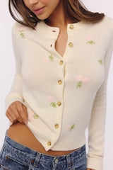 Poppie Cream Wool + Cashmere Pink Floral Embroidered Cardigan