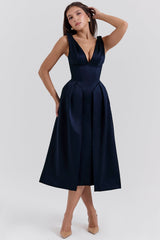 Paloma Midnight Twist Strap Satin Midi Dress