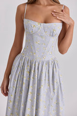 Rona Blue Wildflower Print Cotton Lace Up Maxi Dress