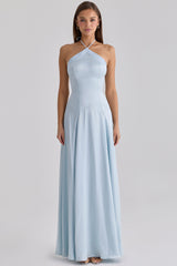 Avelina Blue Satin Halter Neck Godet Maxi Dress