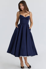 Mademoiselle Navy Satin Tulle Midi Dress