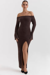 Lucena Espresso Knit Off Shoulder Dress