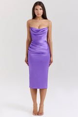 Santana Violet Satin Strapless Corset Midi Dress