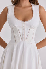 Solana White Cotton Waist Cinch Midi Sundress