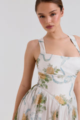 Minerva Soft Blue Vintage Ribbon Print Chiffon Midi Dress