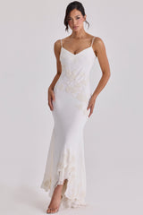 Anastelle Vintage Ivory Satin Hand Beaded Embellished Maxi Dress