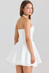 Heidi White Stretch Cotton Halter Neck Mini Dress
