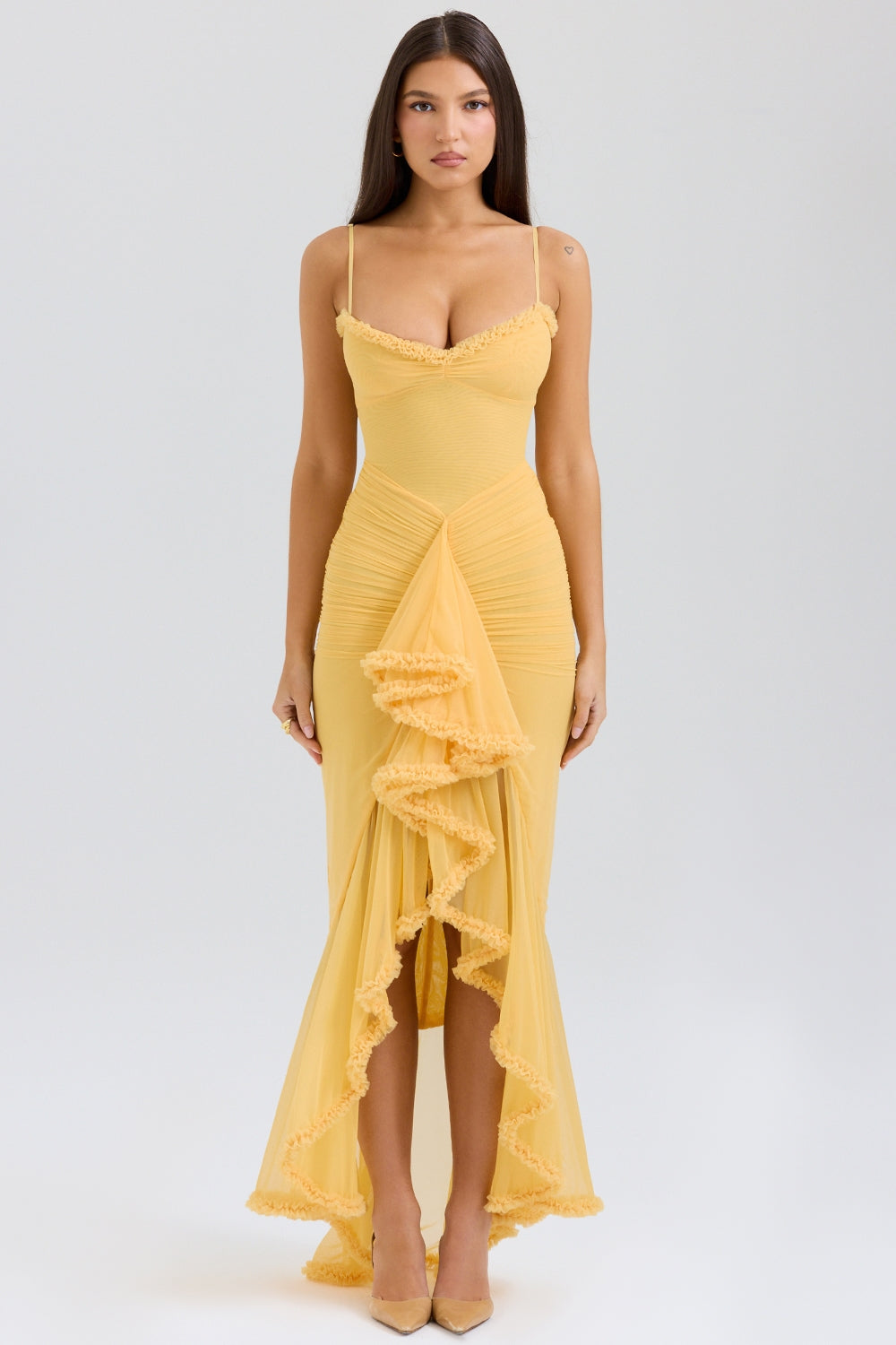 Gabbi Apricot Ruffled Front Gown