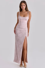 Lini Baby Pink Lace Mesh Maxi Dress