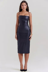 Jalena Black Vegan Leather Lace Back Dress