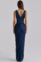 Angeline Navy Satin Corset Maxi Dress