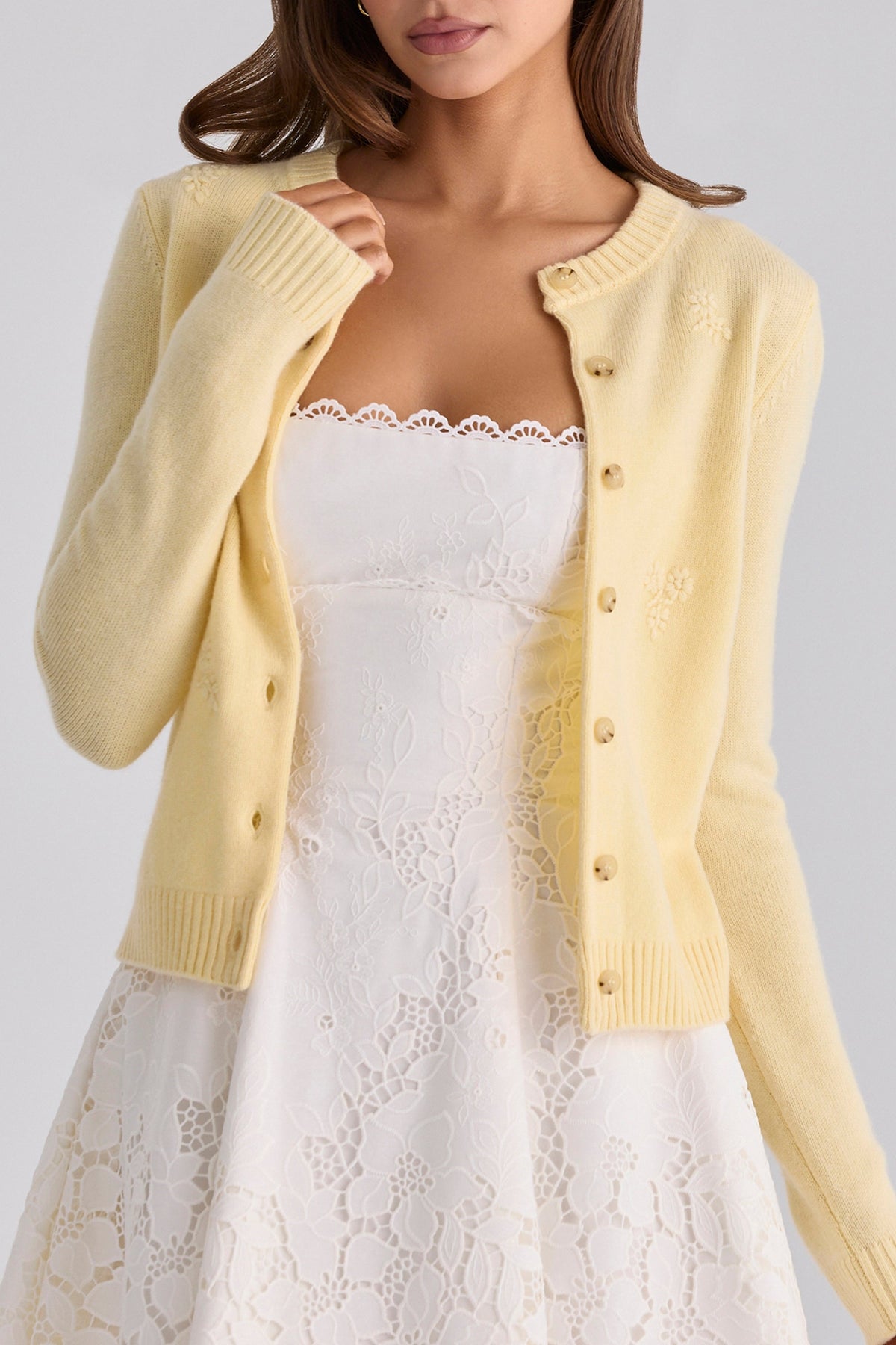 Poppie Lemon Wool + Cashmere Floral Embroidered Cardigan