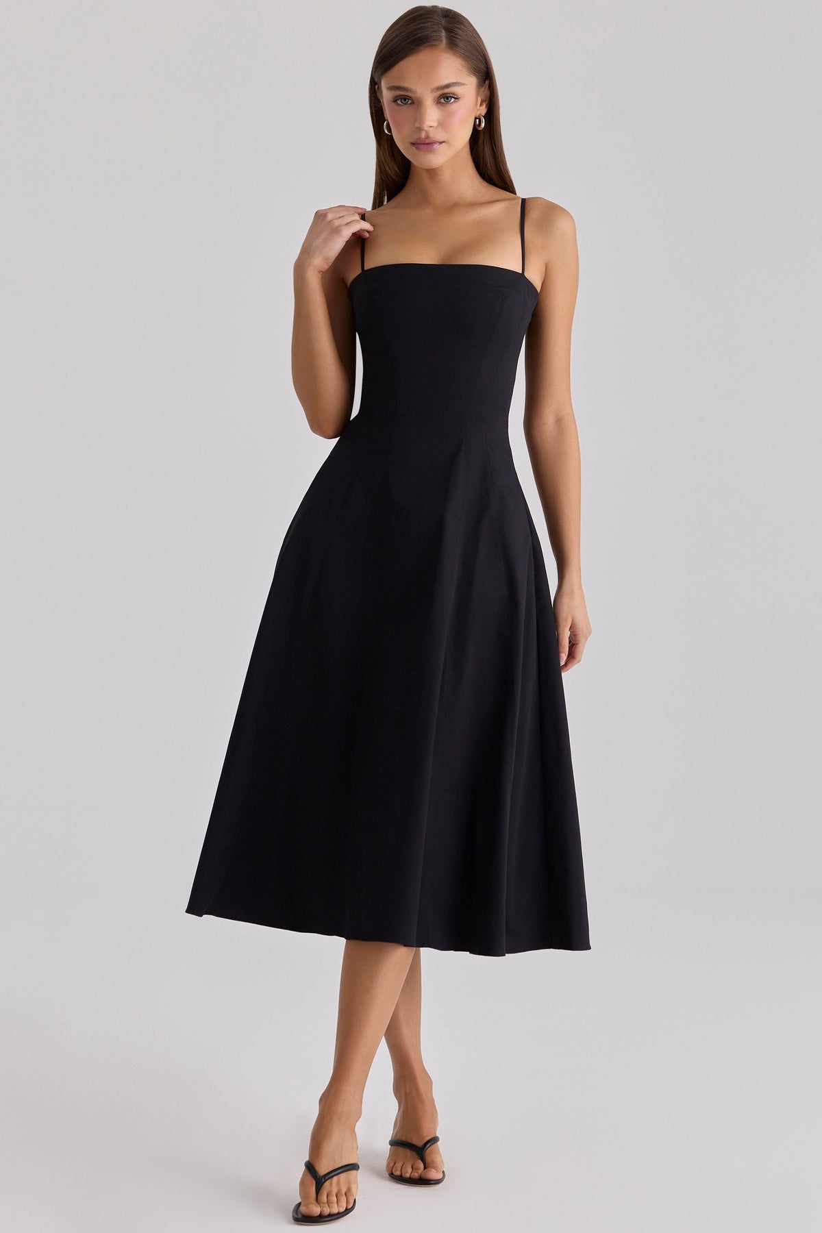 Dolly Black Cotton Flared Midi Sundress