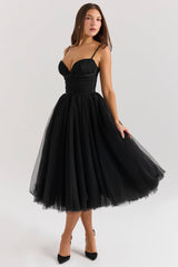 Countess Black Tulle Ruched Bodice Midi Dress