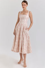 Mariabella Cream Floral Print Cotton Midi Sun Dress