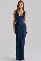 Angeline Navy Satin Corset Maxi Dress
