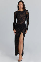 Sapphira Black Lace Asymmetric Maxi Dress - Limited Edition