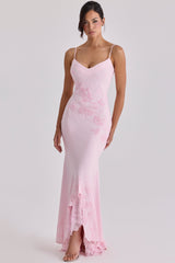 Anastelle Pink Hand Beaded Embellished Satin Maxi Dress