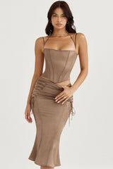 Sidonie Latte Satin Lace Up Midi Skirt