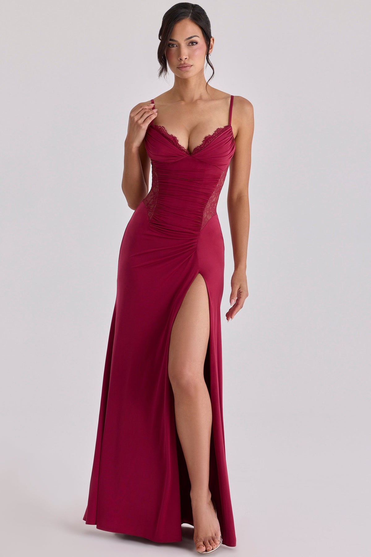 Sabrine Wine Lace Trim Maxi Dress + Corset