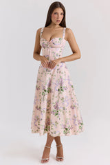 Rosalee Pink Floral Corset Midi Dress
