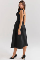 Paloma Black Satin Twist Strap Midi Dress