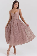 Lovely French Rose Jacquard Sweetheart Neckline Midi Dress