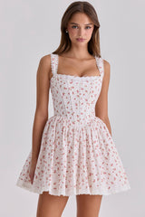 Ami White Rose Print Cotton Corset Mini Dress