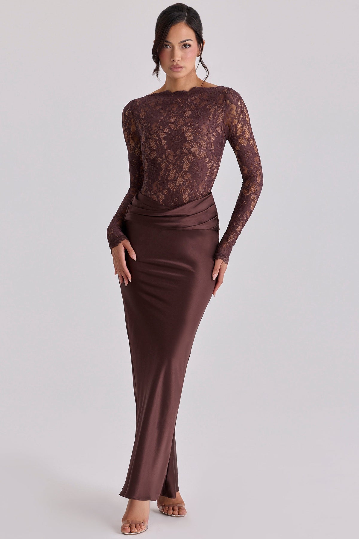 Yasmeen Espresso Brown Lace + Satin Draped Maxi Dress