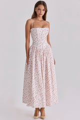 Ysabella White Rose Print Cotton Midi Sundress