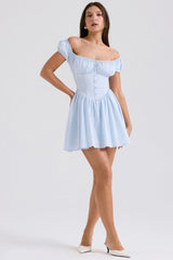 Nala Soft Blue Cotton Gathered Mini Dress