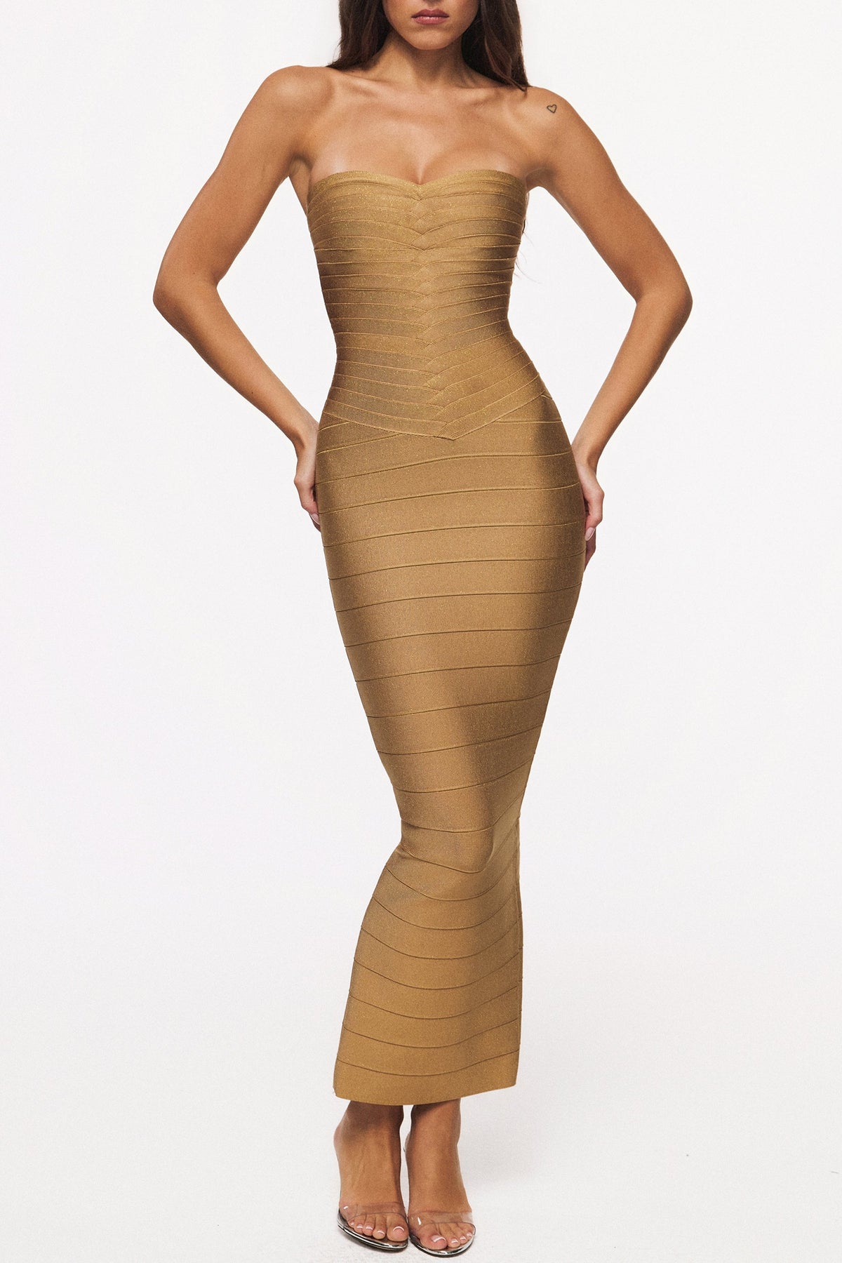 The Sweetheart Gold Shimmer Strapless V Waist Bandage Maxi Dress