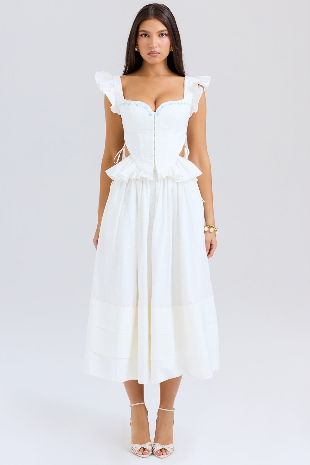 Augustine White Embroidered Cotton Midi Skirt
