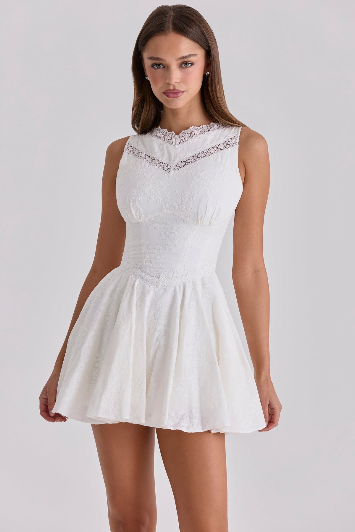 Scarlett White Embroidered Cotton Lace Trim Mini Dress
