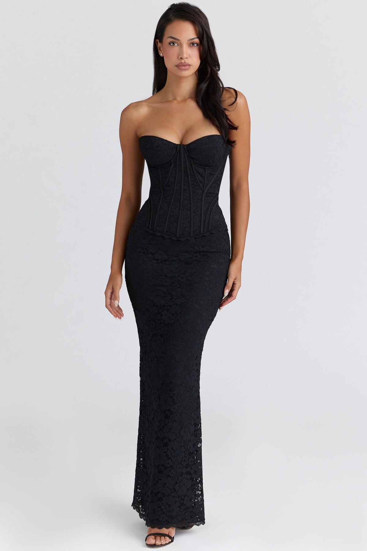 Solaine Black Lace Corset Maxi Dress