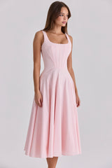 Jaime Pink Cotton Lace Up Midi Sundress