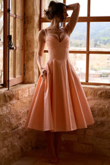 Dahlia Peach Cotton Pleated Midi Sundress