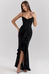 Gabbi Black Mesh Ruffled Front Gown