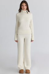 Lara Ivory Merino Wool Ribbed Knit Trousers